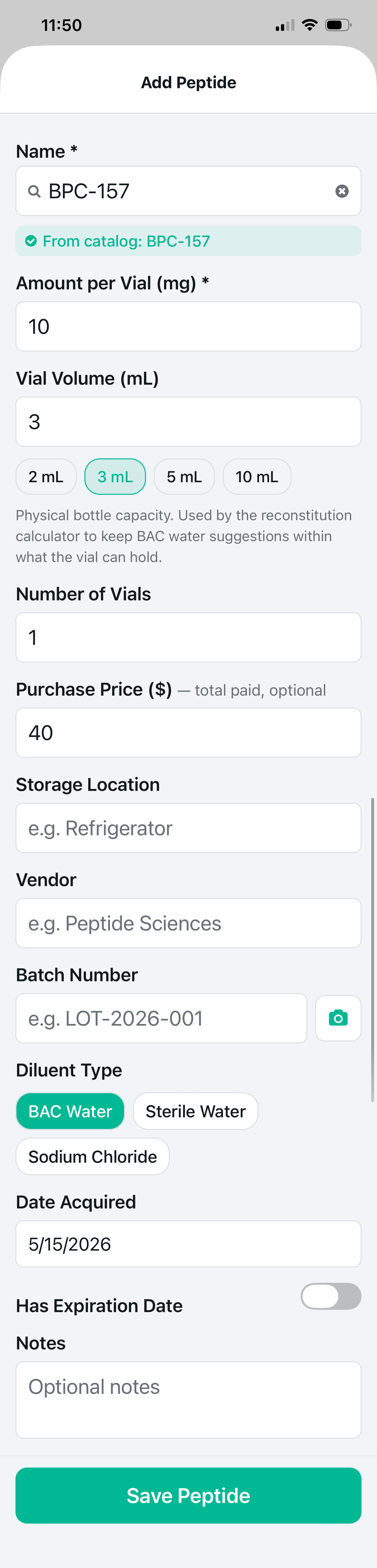 Protocol app Add Peptide screen showing BPC-157 catalog selection and inventory fields