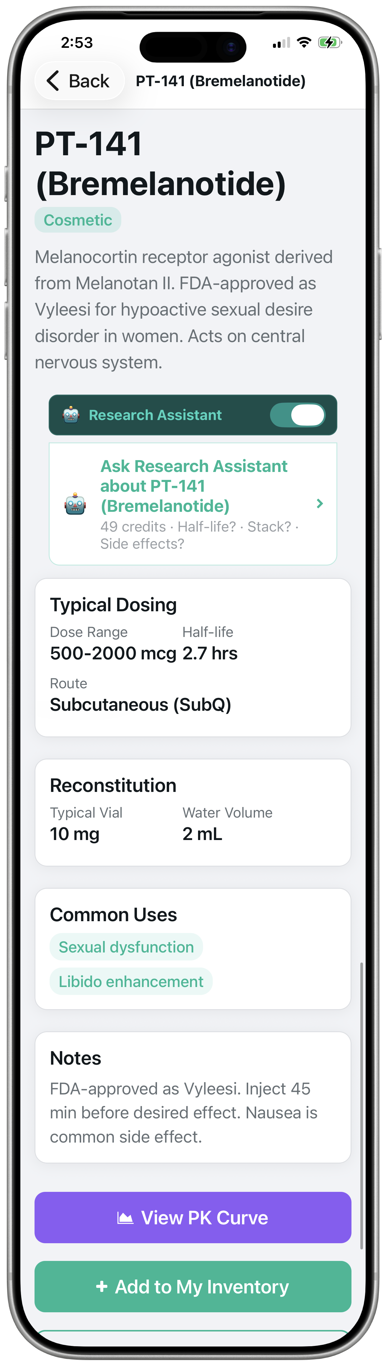 Protocol catalog showing PT-141 with dosing, half-life, reconstitution guidance, common uses, and View PK Curve button