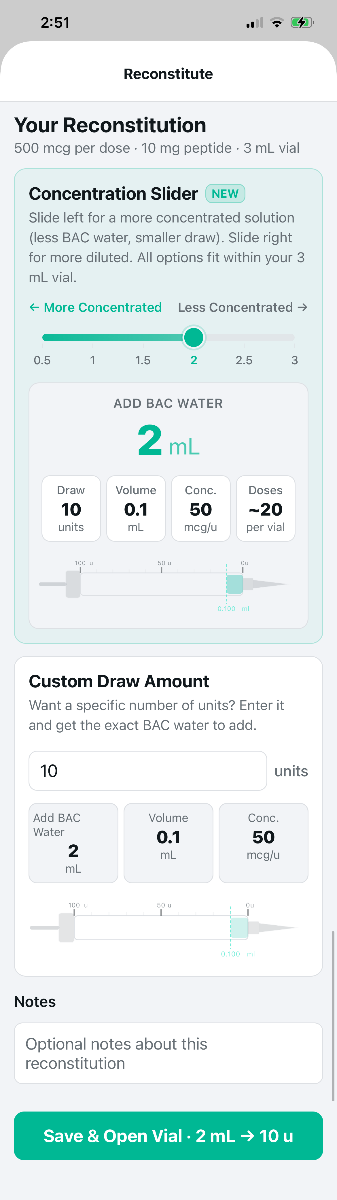 Protocol enhanced reconstitution calculator showing concentration slider, custom draw amount, BAC water volume, syringe visualization